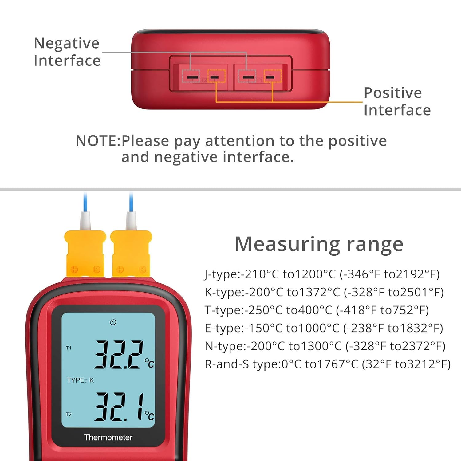 Kamtop Digital Thermometer, Dual Channel Thermometer with Two K Type Thermocouple Probes, High Temperature Meter Dual Measurement Meter Sensor Backlight LCD for K/J/T/E/R/S/N Type