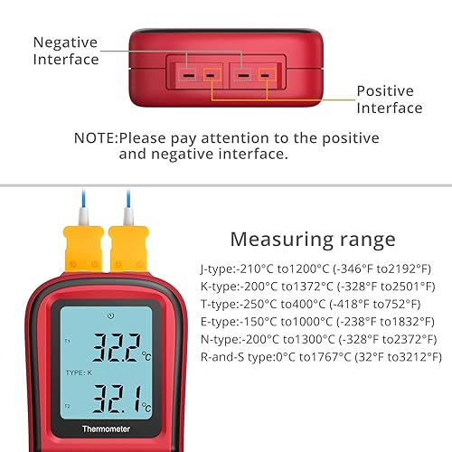Miniatura 5 de Kamtop Termómetro digital, termómetro de doble canal con dos sondas de termopar tipo K, medidor de alta temperatura, medidor de medición doble,