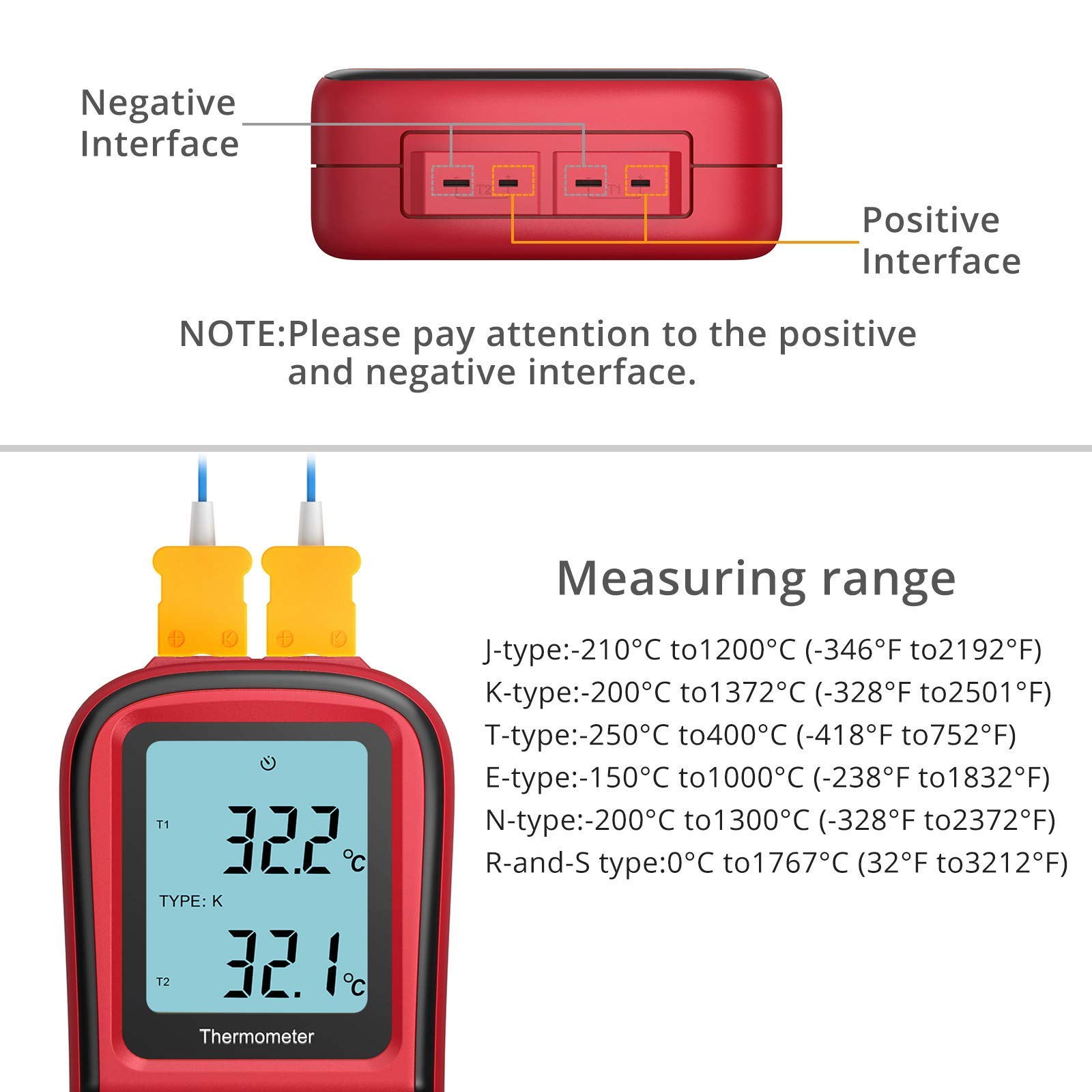 Kamtop Termometro digitale a doppio canale, alta precisione, display LCD, termocoppie tipo K/J/T/E/R/S/N, 2 sonde, funzionamento a batteria