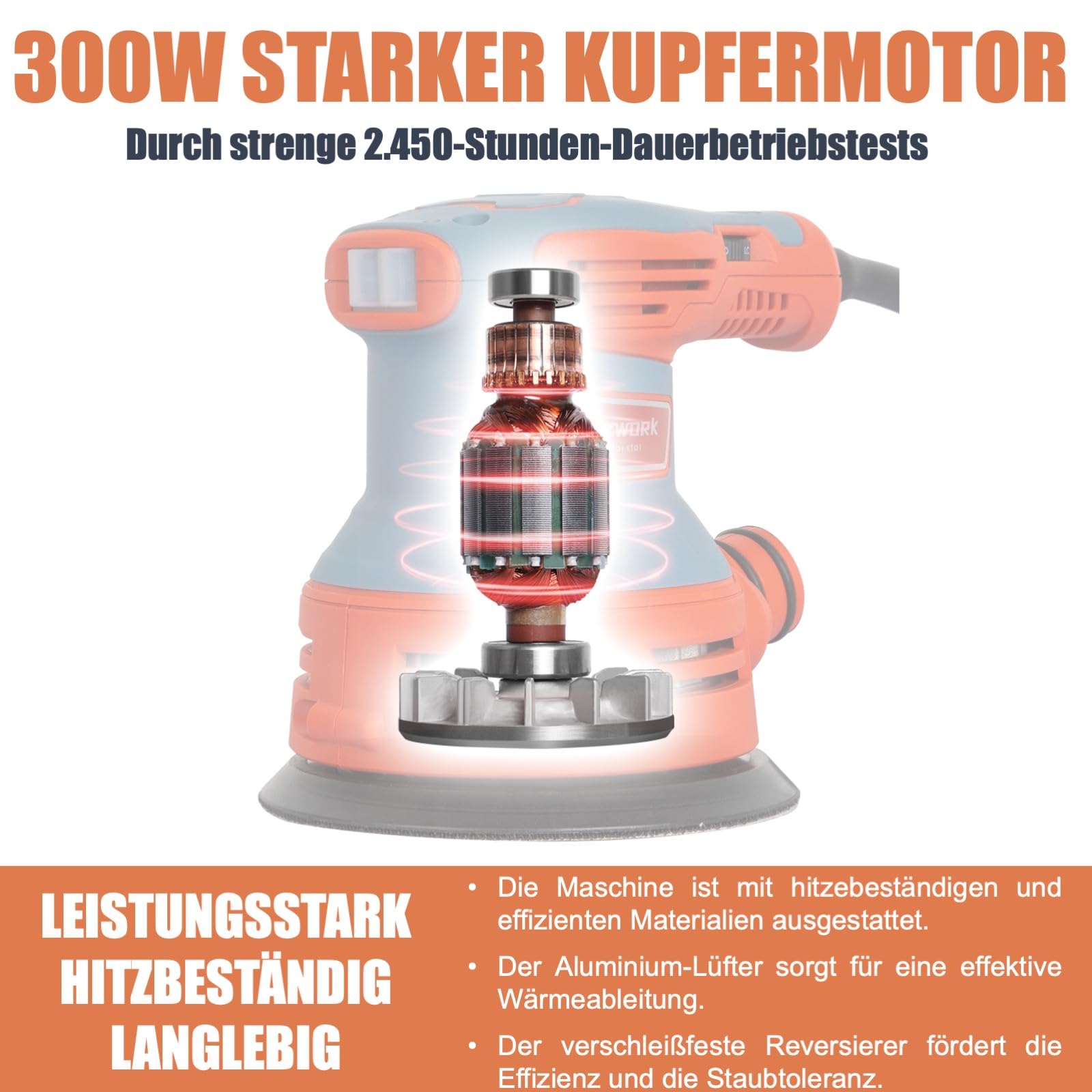 FANZWORK Szlifierka mimośrodowa 300 W 125 mm 6 prędkości 4000-12000/min z 8 papierami ściernymi
