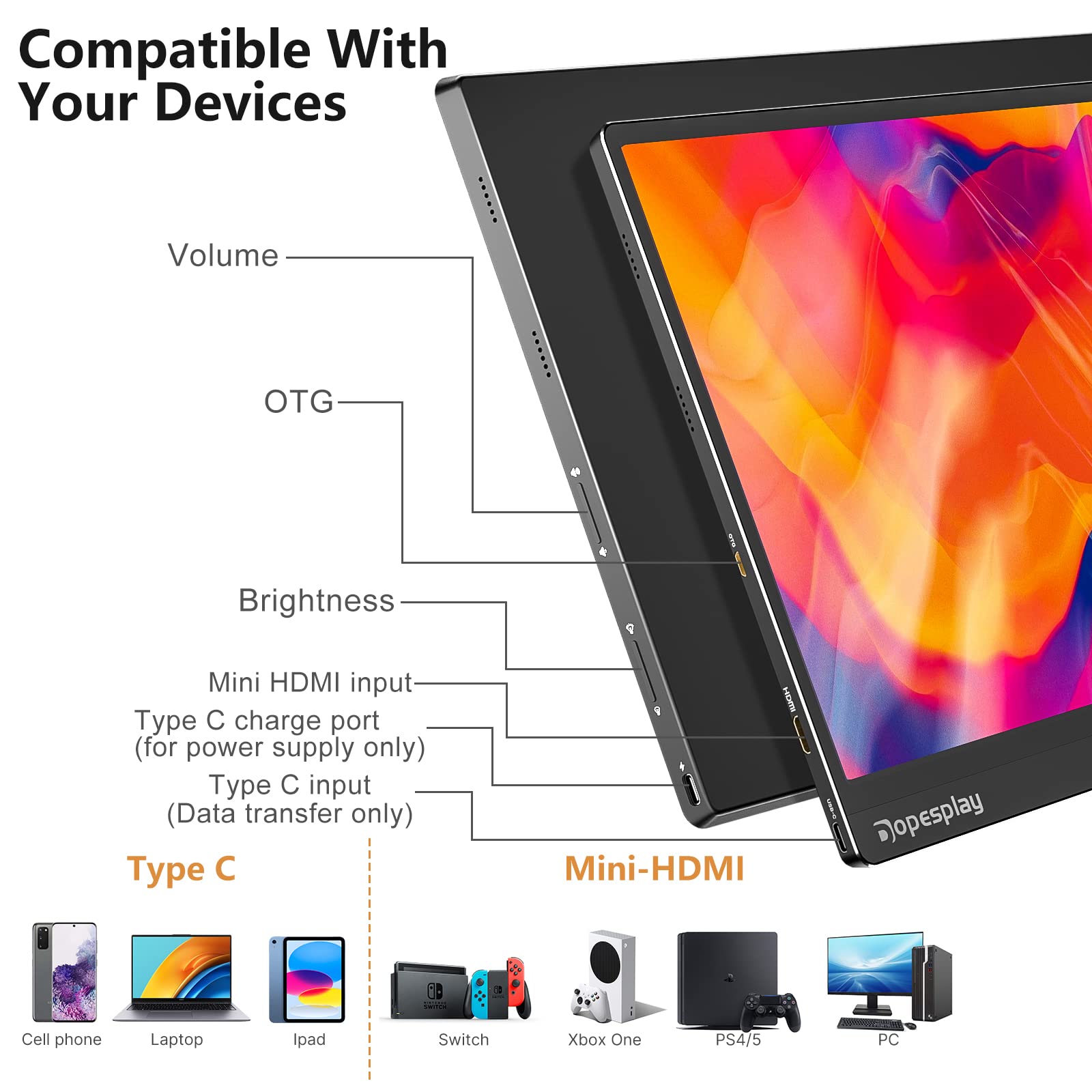 Dopesplay Portable Monitor for Laptop, 15.6'' Portable Monitor Touchscreen with Battery built in 1080P FHD Ultra Slim External Screen w/Smart Cover Travel Monitor for Laptop(NO Touch on MAC and iPhone