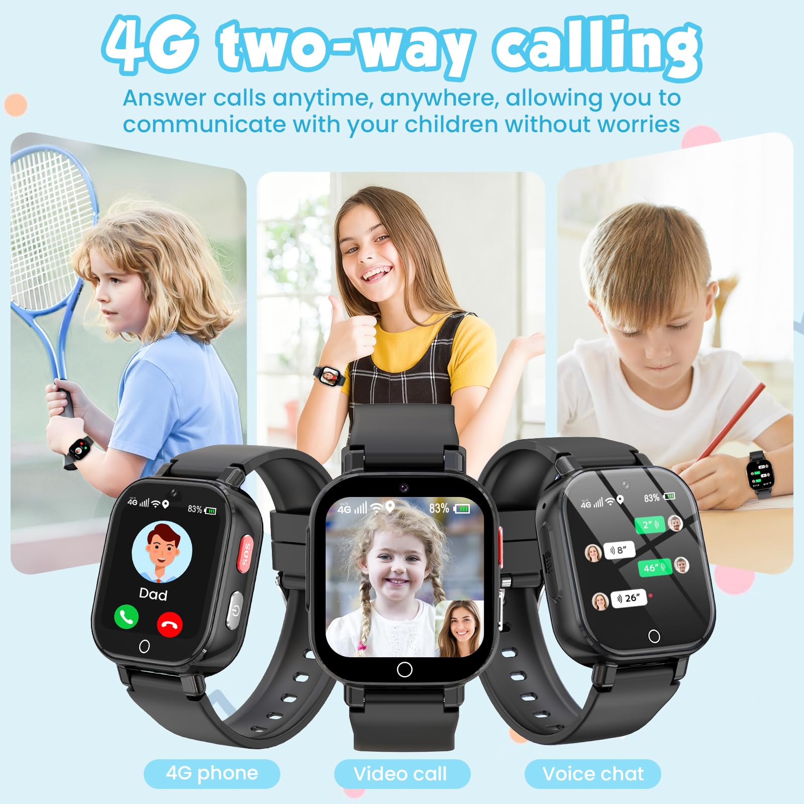 4G Smartwatch Kinder mit GPS und Telefon, Armbanduhr Junge Mädchen mit Video/Telefonanruf, SOS Notruf, Wecker, Schulmodus, Schrittzähler, Puzzlespiel, Kinderuhr für Geschenke 4-12 (4G Black)