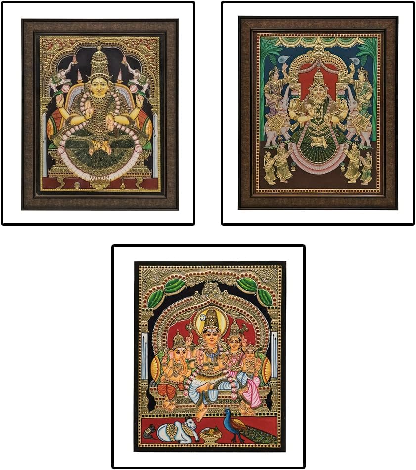Mangala Arts Combo of Gajalakshmi and Antique Lakshmi, Sivan Family Tanjore Painting, 24 Carat Gold Foil, Authentic Gems, Hindu God Photo for Pooja, Living Room-20x16 Inches