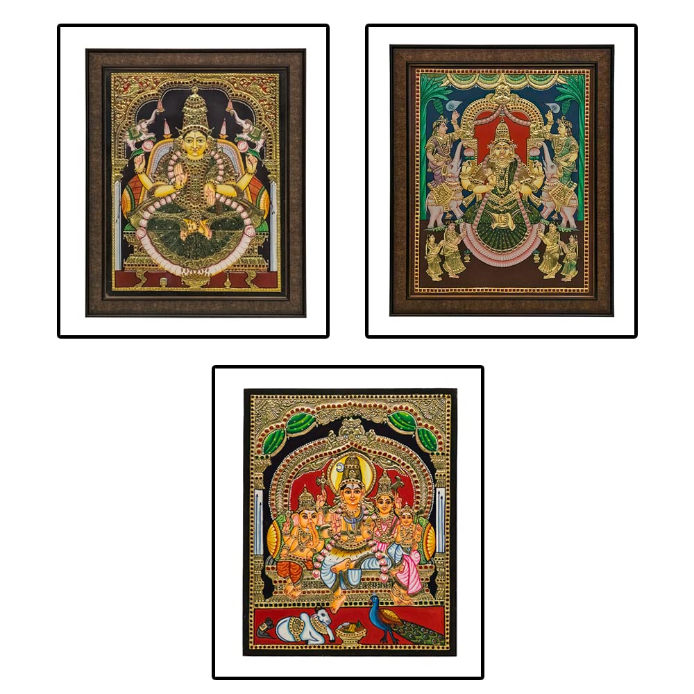 Mangala Arts Combo of Gajalakshmi and Antique Lakshmi, Sivan Family Tanjore Painting, 24 Carat Gold Foil, Authentic Gems, Hindu God Photo for Pooja, Living Room-20x16 Inches