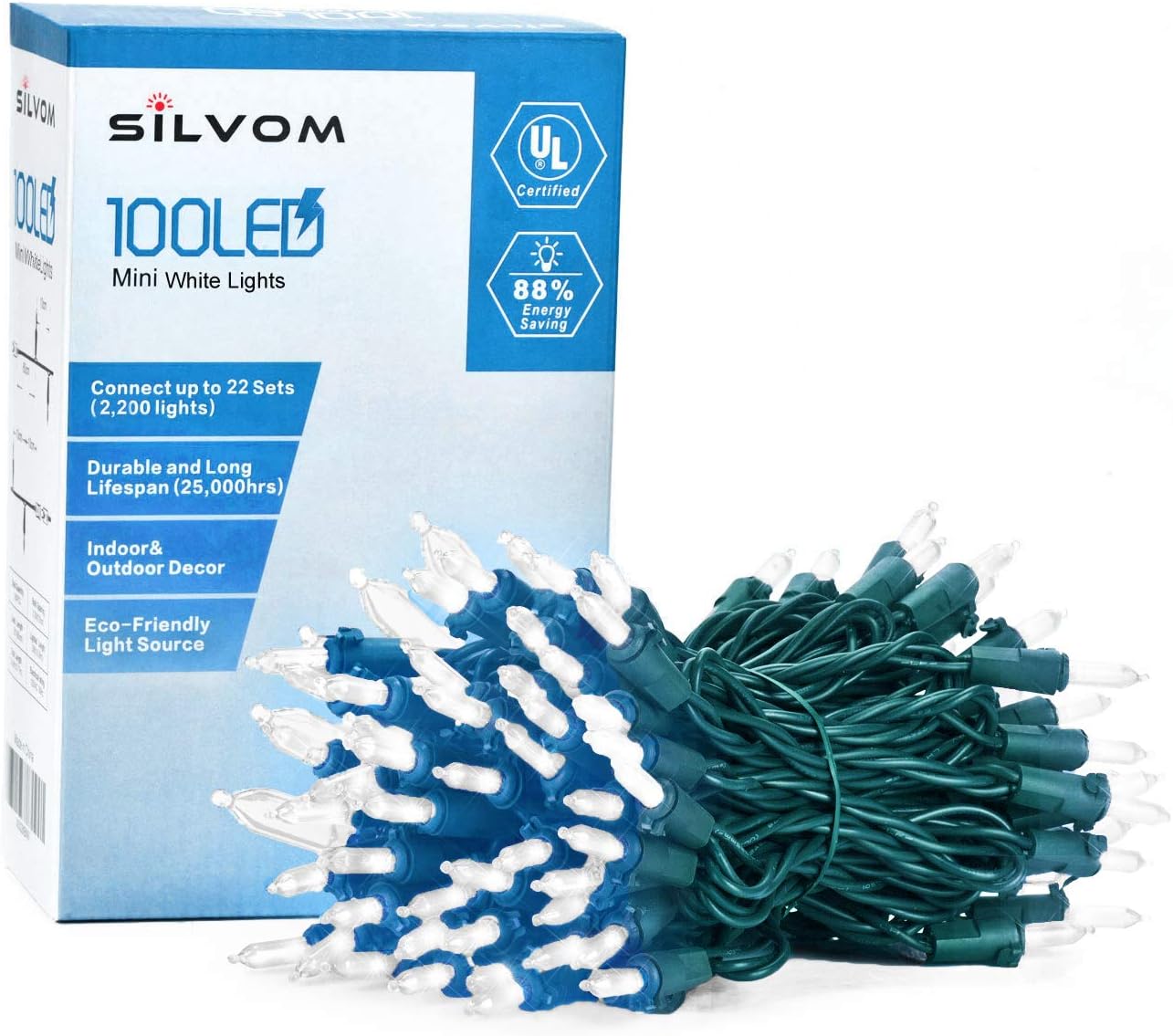 Silvom White Christmas Lights, 100 LED Tree Lights, 33ft Xmas Christmas Lights, 120V UL Certified Indoor & Outdoor String Lights for Christmas, Party, Wedding, Patio, Garden, Fence, Holiday Decoration