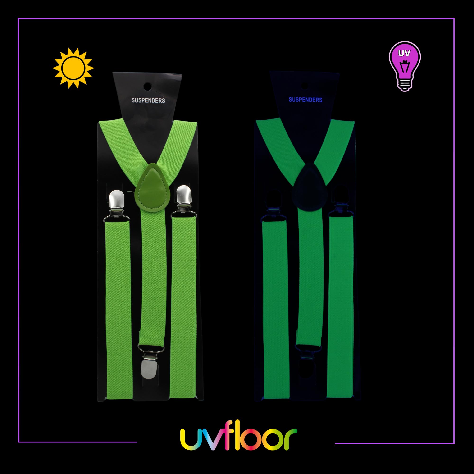 UV FLOOR - szelki w kolorze neonowym - regulowane - jakość premium - neonowe akcesoria - impreza - kostium, zielony neonowy, 2 x 34.5 x 11 cm