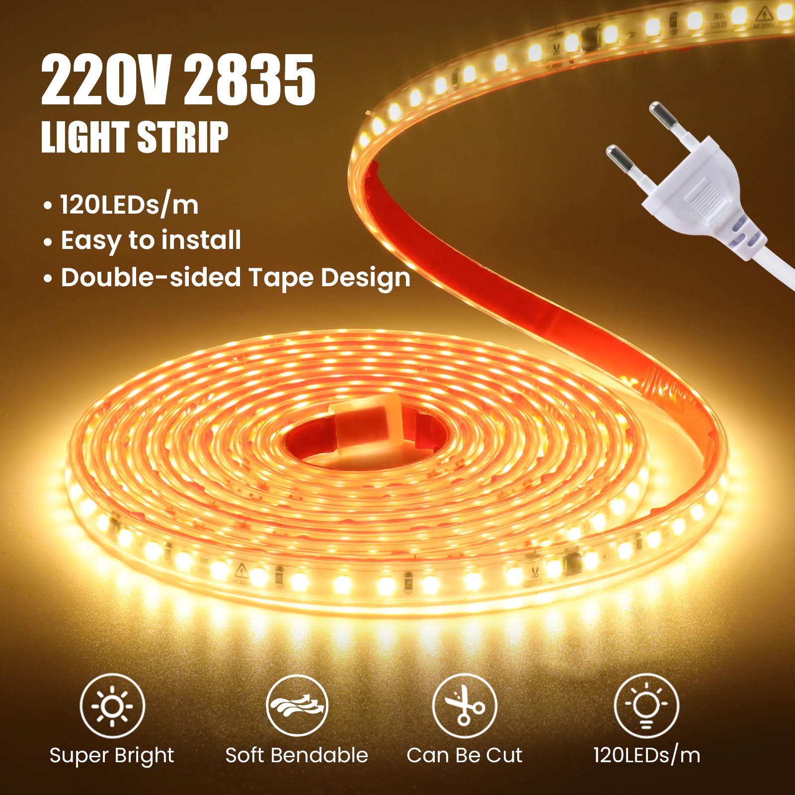 KISUFU Striscia LED 220 V, 2835 SMD, 120 LED/m, Power Free IP65, impermeabile, 10 cm, Cuttable Self-Adhesive LED Strip for Bedroom, Kitchen Outdoor Party DIY Decoration