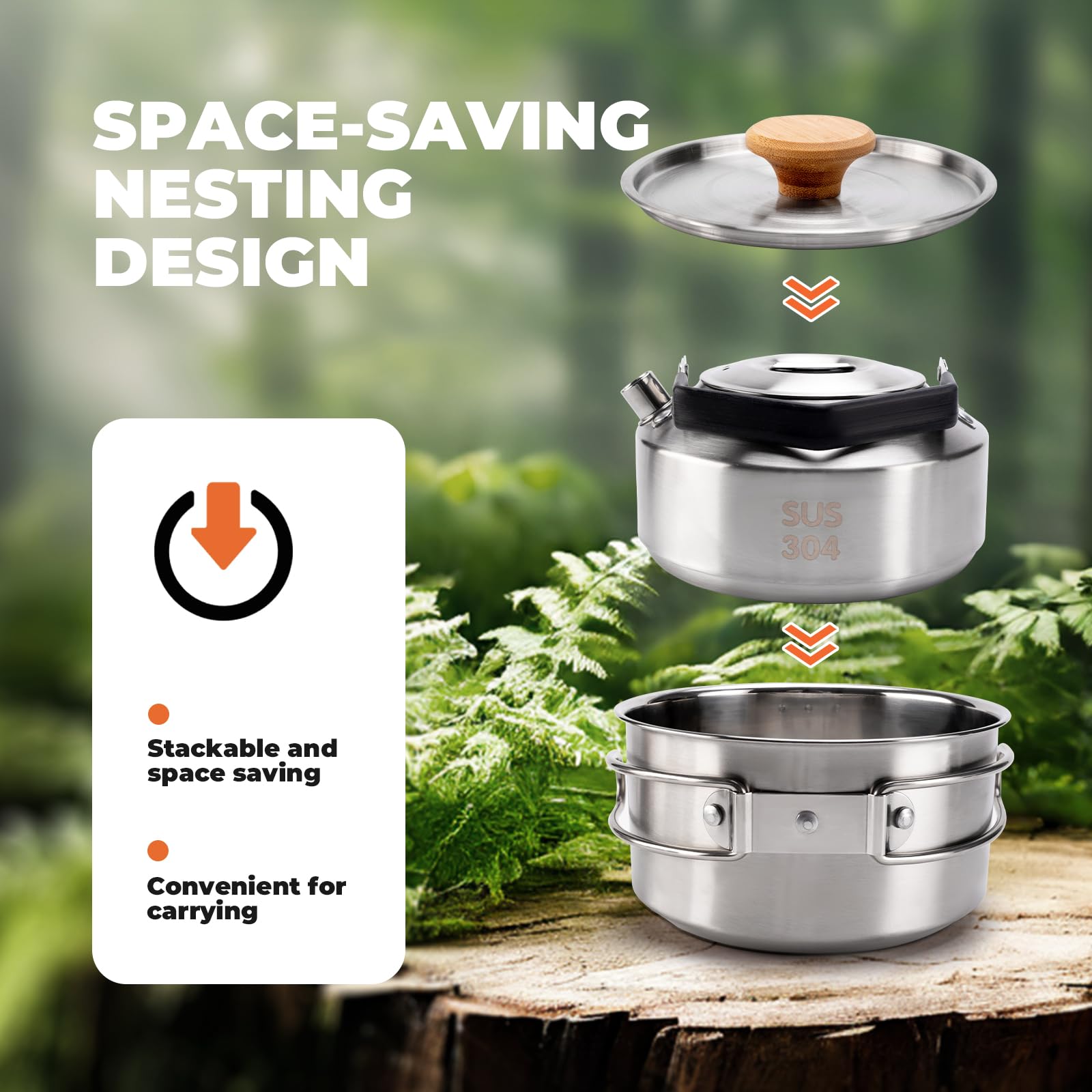 Camping Kochgeschirr Set, Topf 1,5 L und Teekessel 1,1 L | Kompaktes Platzsparend Stapelbar für Camping, Wandern, Outdoor Küche, Edelstahl