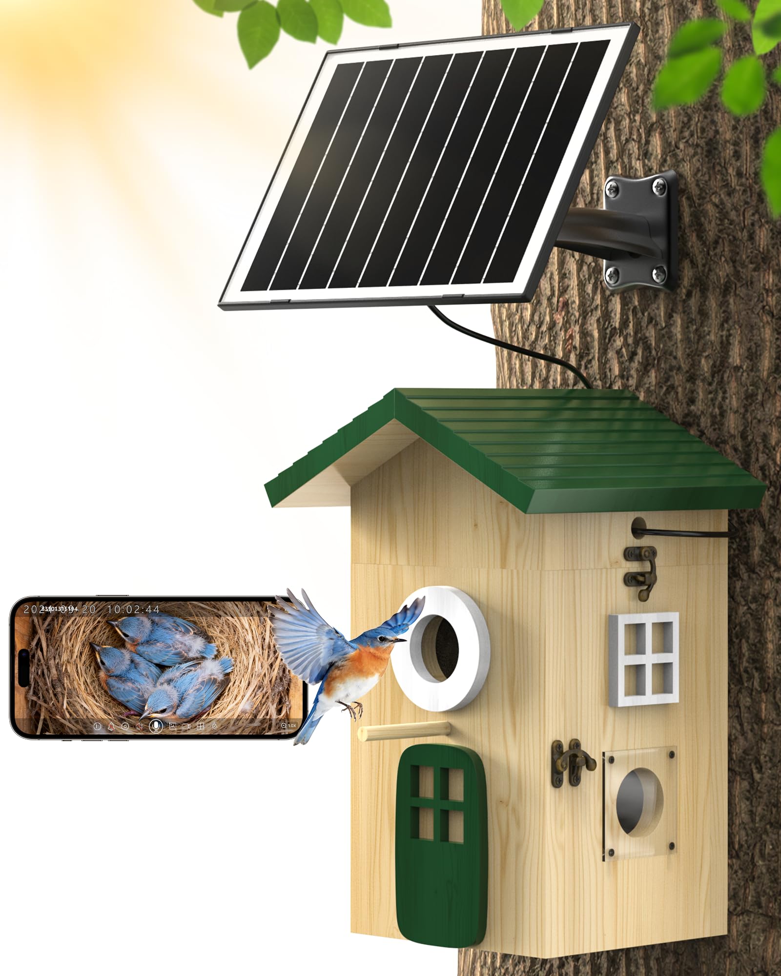 Smart Bird House with Camera Solar Powered, 2K HD Wi-Fi Bird Watching Camera for Birdhouse, Auto Detect & Notify, Night Vision, APP Control, Wooden