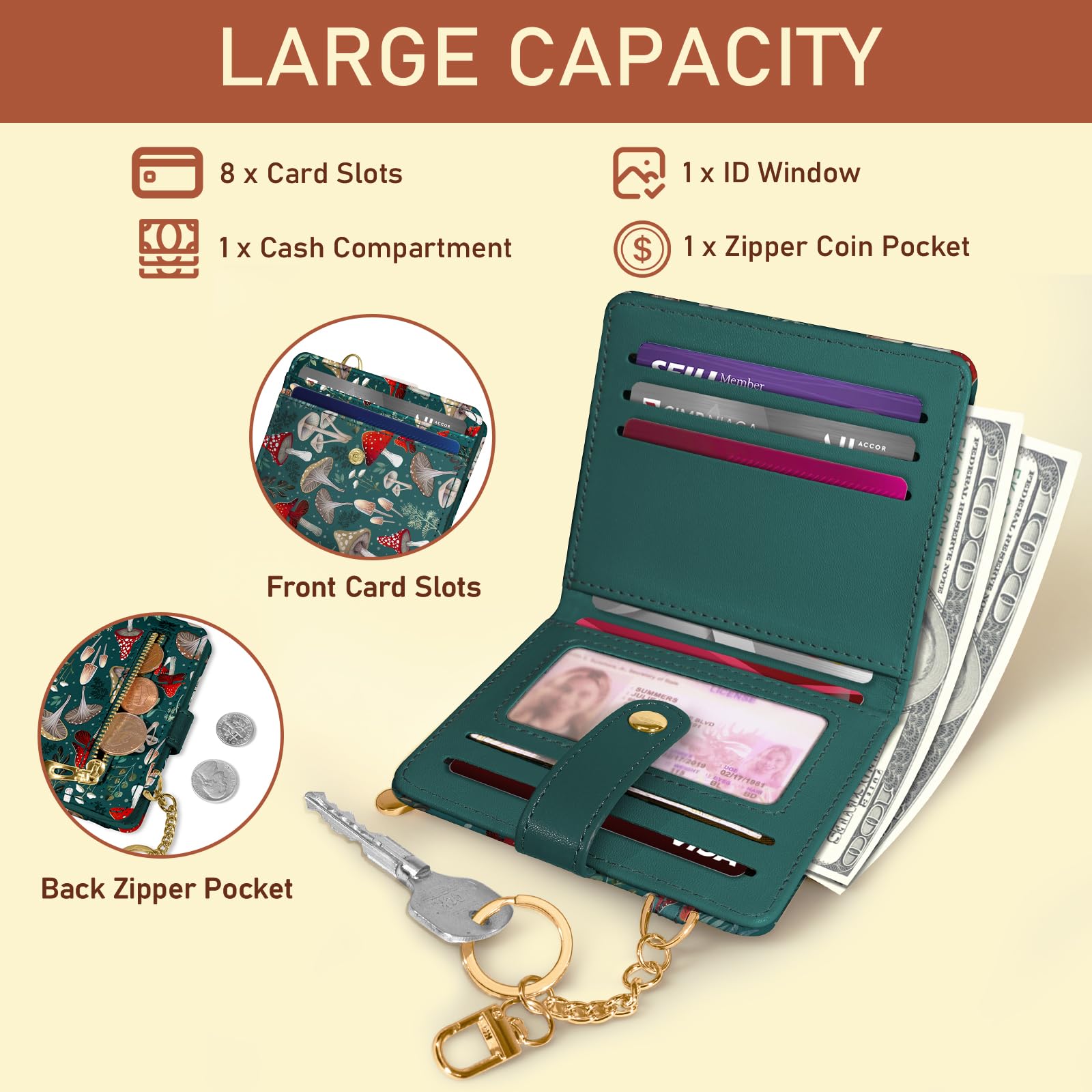 Jogjam  Rfid Ladies Wallet, Small Slim Thin Compact Credit Card Women Wallet, PU Leather Bifold Cash Zipper Coin Pocket ID Window for Female: Mushroom Green