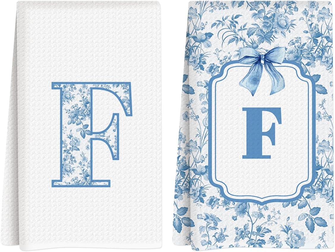 Chinoiserie Initial Kitchen Towels, Personalized Gifts for Women, Personalized Kitchen Towel, Initial F Waffle Dish Hand Towel for Home Bathroom Baking Dining Bar Decor Set of 2 14x24 Inch