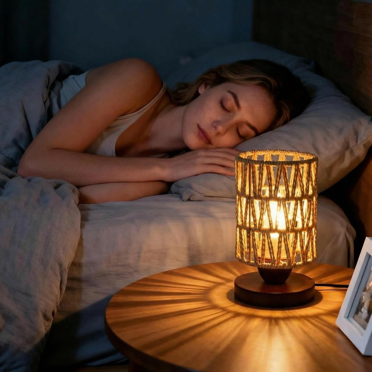 Stepless Dimming Boho Small Table Lamp,Vintage Wicker Wooden Nightstand Bamboo Woven End Table Lamps,Farmhouse Rattan Beside Lamp for Room Decor, for Bedroom Living Room Desk Kids Room, Round (D)