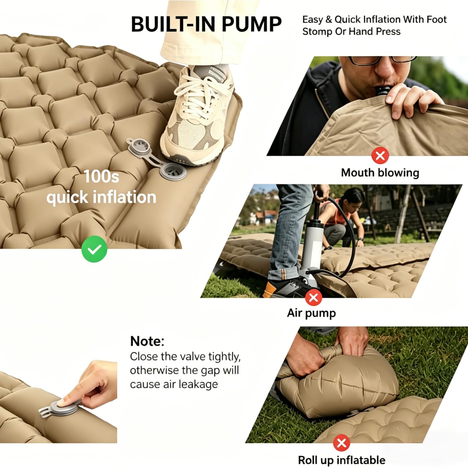 Nadmuchiwany materac, wodoodporny nylon TPU, kompaktowy i lekki, dmuchany z pompką nożną, grubość 5 cm, na kemping, wędrówki, samochód, festiwal, do wewnątrz i na zewnątrz, do biura (khaki)