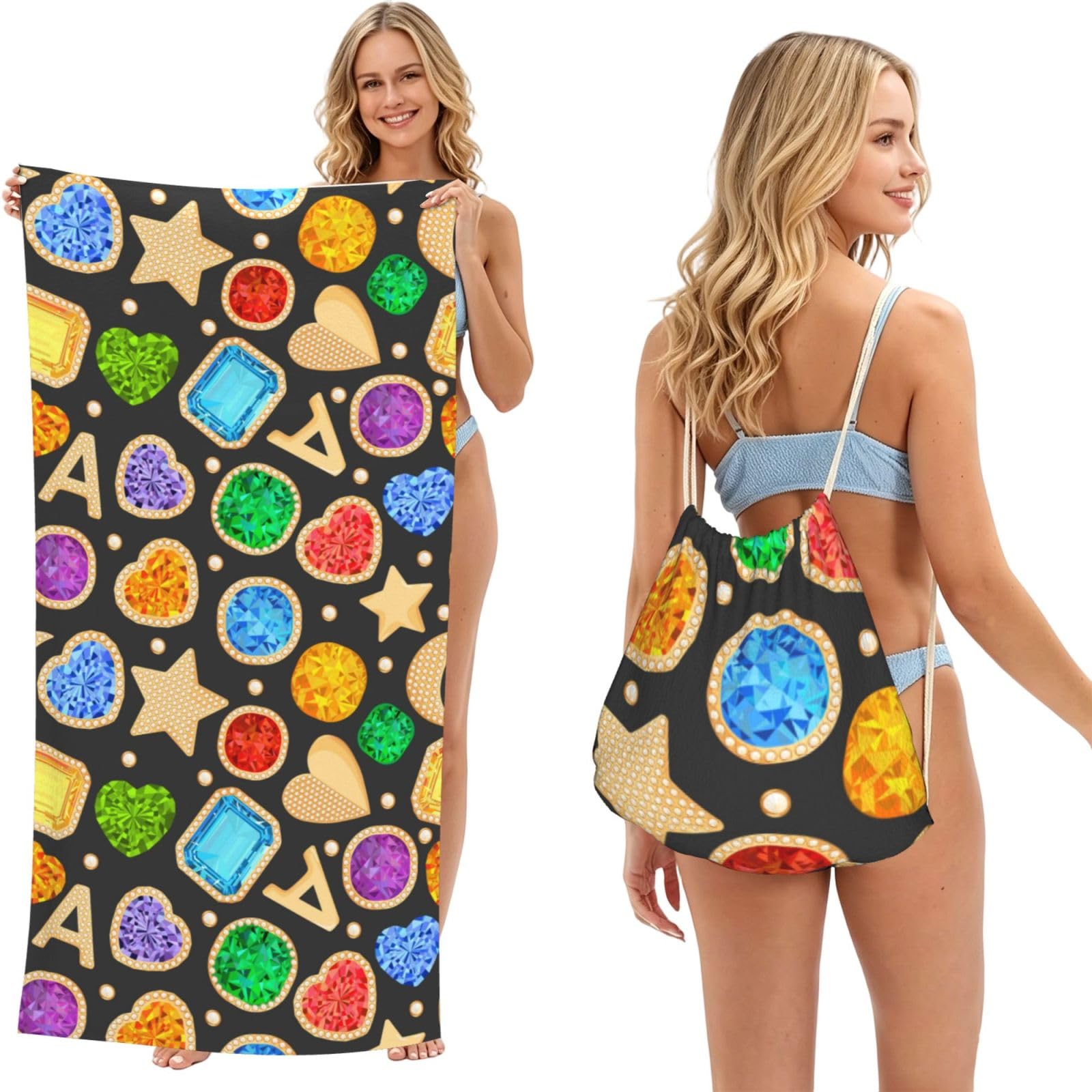 Poadnly As Picture Jewelry Gemstones Gold Fashion, 2 In 1 Packable Towel Bag, Beach Towels With Drawstring Backpack For Travel Holiday Camping