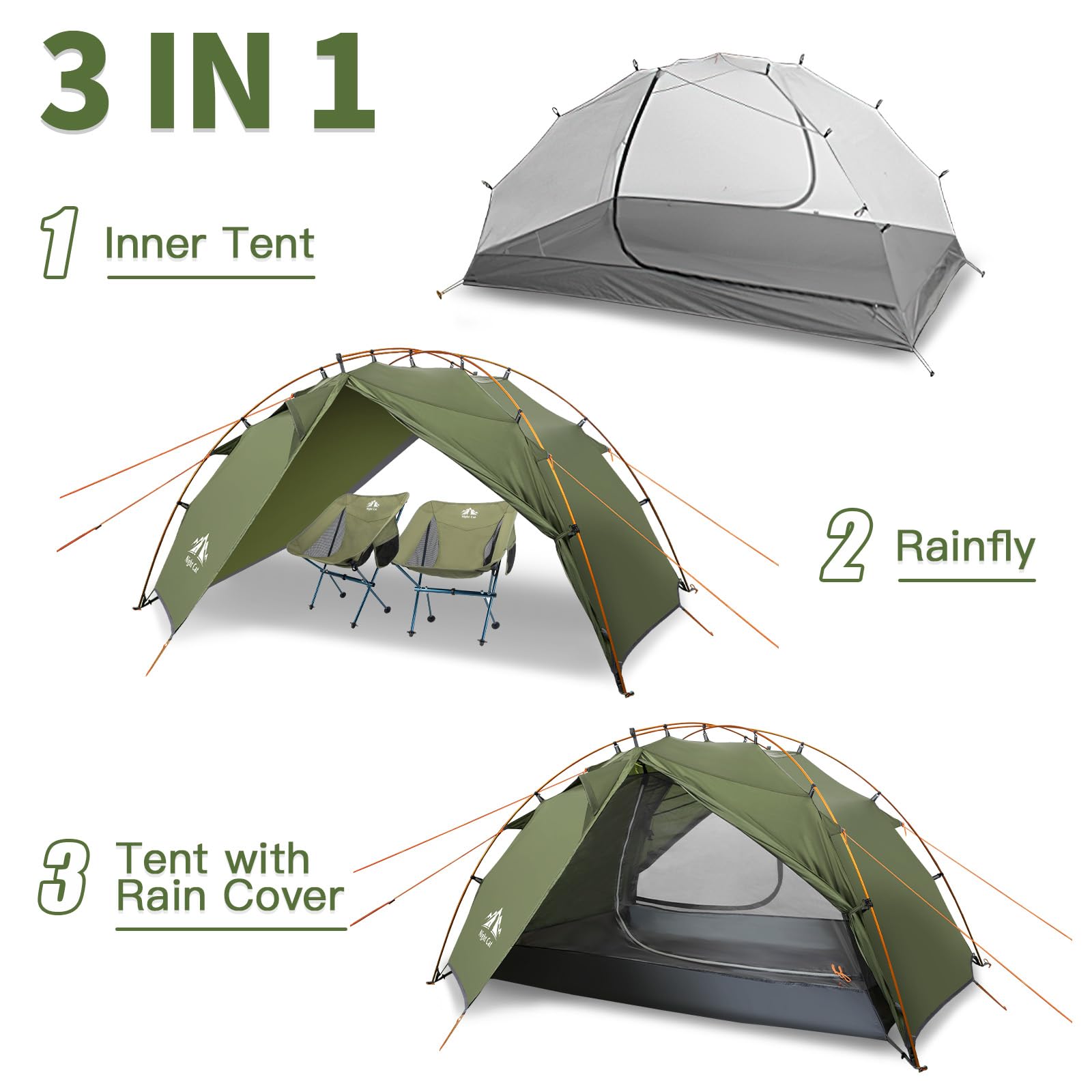 Night Cat Rucksackzelte, 2 Personen, schnell aufgebaut, Wander-Camp-Zelt mit Aluminiumstange, doppellagig, Zwei Türen, wasserdicht, leicht, kompakt, 2,1 x 1,3 m