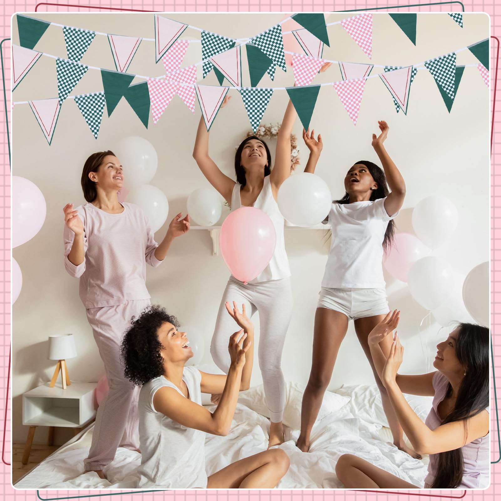 VitalCozy 9,8 m lange Wimpelkette für Hochzeit, Camp Braut, dreieckig, kariert, Gingham-Flagge, Wimpelkette, Stoffgirlande, vorbespannt, für Junggesellinnenabschied, Dekoration für Brautparty,