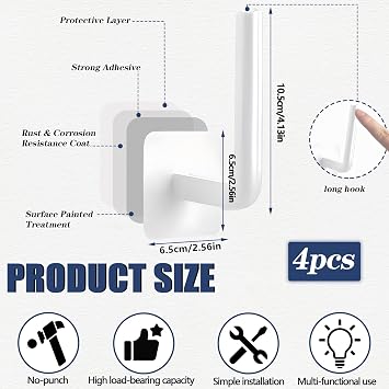 4 Pcs Curtain Holders, Self-Adhesive Hooks, L-Shaped Curtain Holdbacks, No Drill Curtain Pull Backs for Kitchen Living Room Office (White)