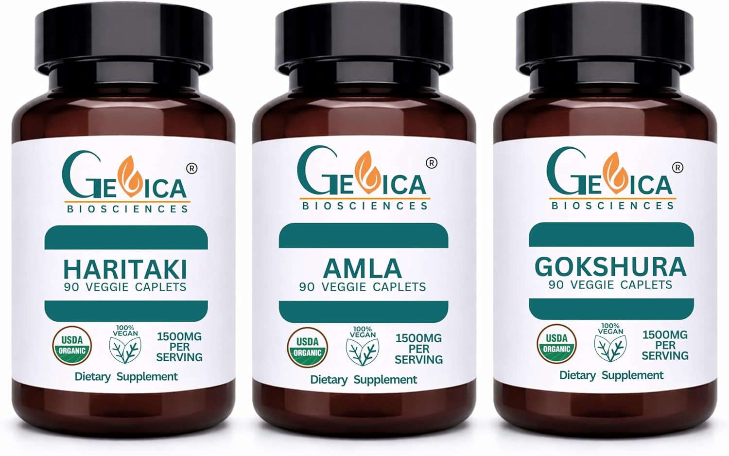 USDA Organic Haritaki (Terminalia chebula) + Gokshura (Tribulus terrestris) + Amla (Phyllanthus emblica) Bundle – 1500 mg per Serving Each, Whole Fruit & Whole Herb Powder, No Extracts, 90 Caplets Eac