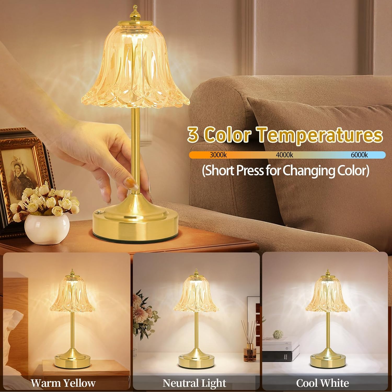 Cordless Table Lamp, Rechargeable 5200mAh Battery Lamp, Flower-Inspired Crystal Small Cordless Lamp with 3 Color Dimmable Touch Control for Bedroom Nightstand Living Room Decor