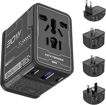 محول سفر عالمي 30 واط GaN، محول طاقة دولي KEY POWER الكل في واحد مع 2 USB-C و1 USB-A، محول قابس عالمي للاتحاد الأوروبي/الولايات المتحدة/المملكة المتحدة/الاتحاد الأفريقي في 200+ دولة