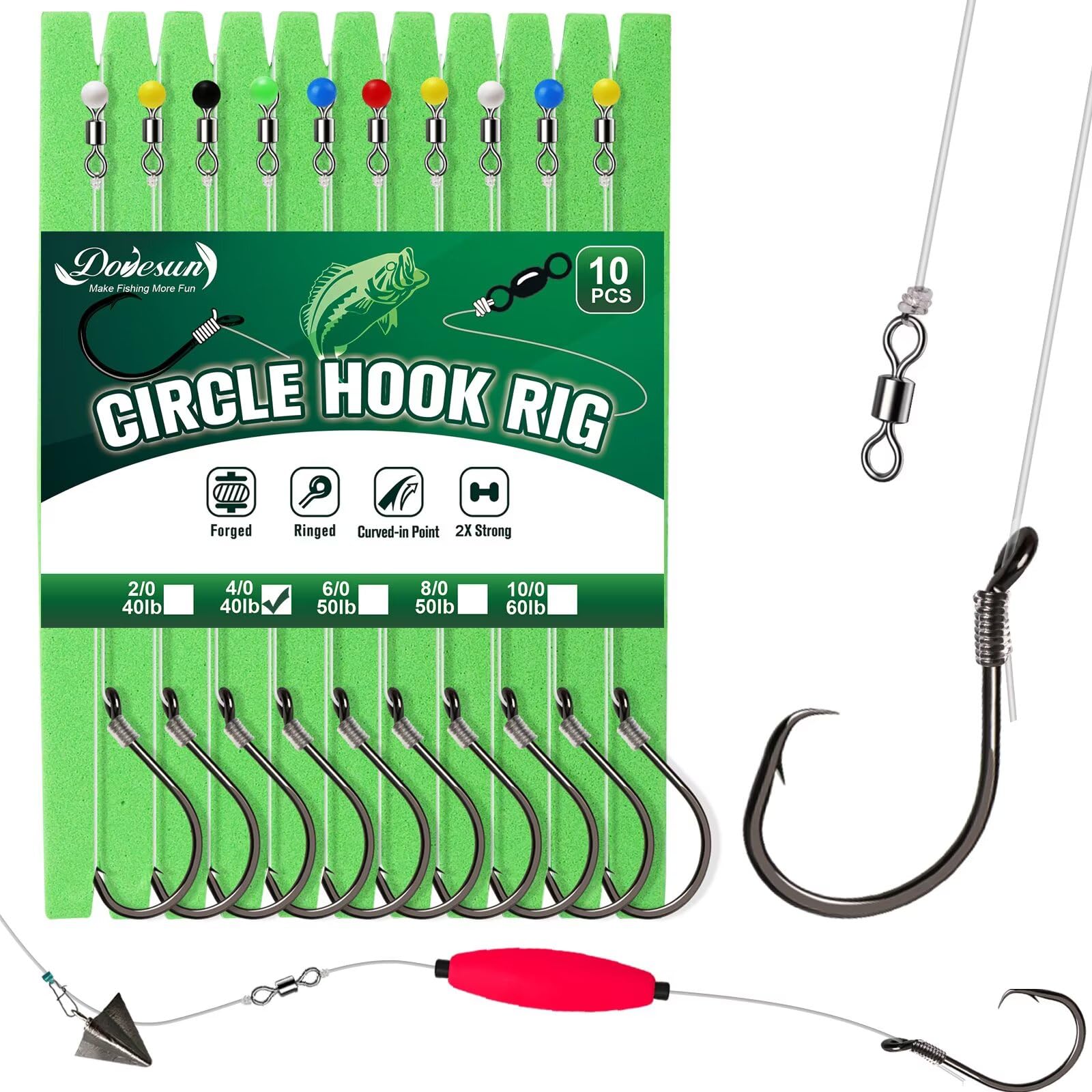 Dovesun 10PCS Pre-Rigged Catfish Rig Circle/Octopus Hooks Rigs for Catfish Offset Circle Fishing Hooks for Saltwater Freshwater 2/0 3/0 4/0 5/0 6/0 7/