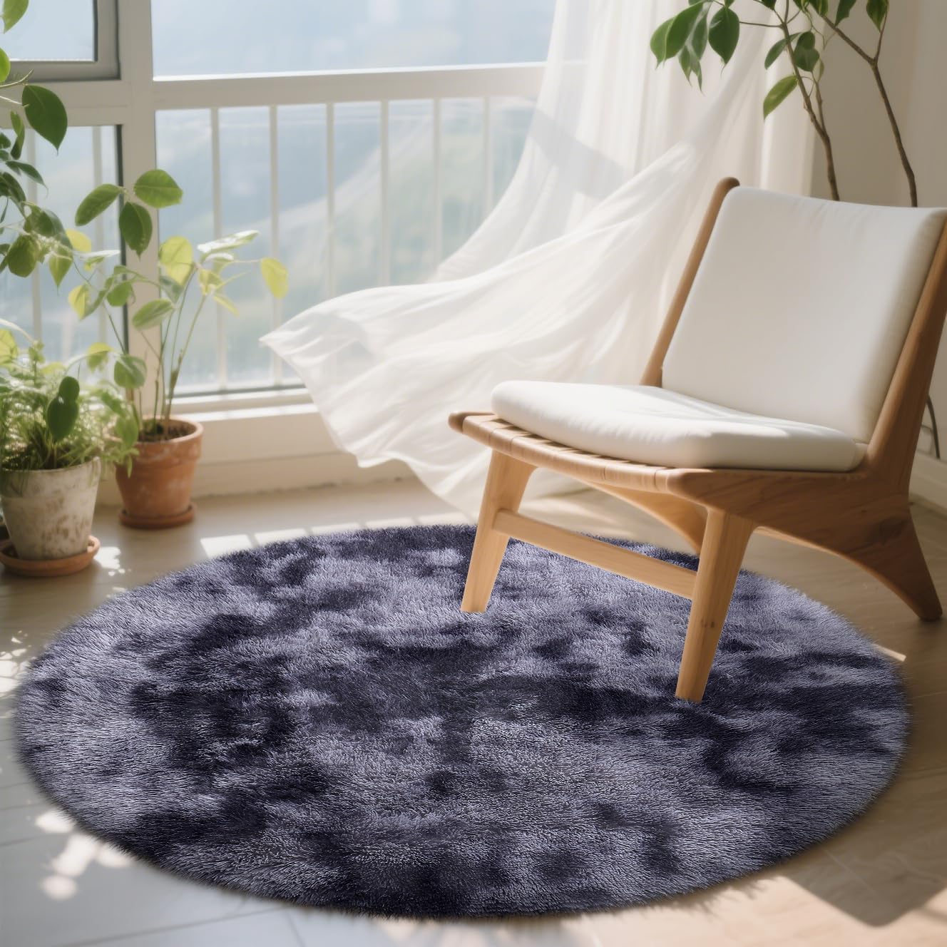 OLANLY Light Grey Tie-dye Round Rugs for Bedroom - Machine Washable, 4x4 Feet Circle Area Rugs for Living Room, Soft and Fluffy Shaggy Carpet for Teen Girls and Boys, Dorms, Home Decor Aesthetic