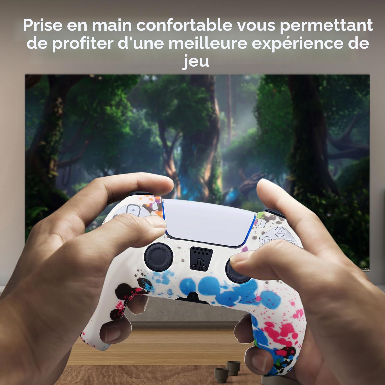 Lot de 2 coques de protection antidérapantes en silicone pour manette de PS5 avec 8 capuchons de pouce - Colorés