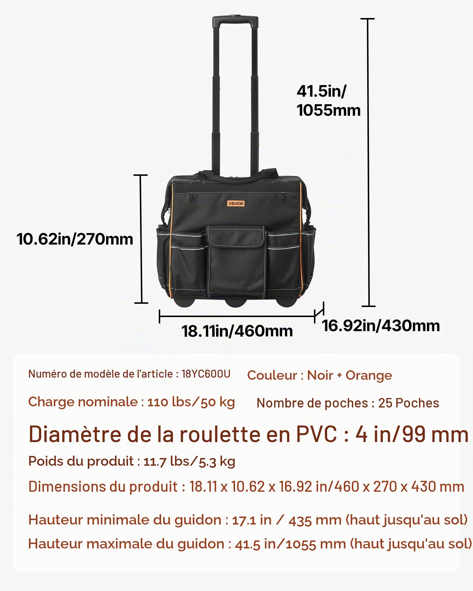 VEVOR Sac à Outils à Roulettes, Charge 50 kg, Caisse à Outil, 46x27x43 cm, avec 25 Poches, Poignée Télescopique, Base Stable, Sac Organisateur Outils Robuste pour Électriciens, Plombiers, Mécaniciens