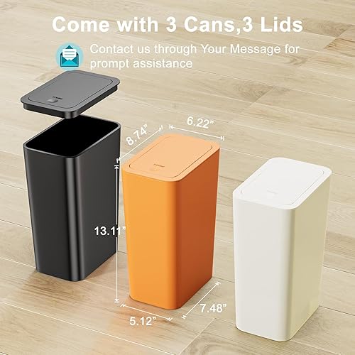 Miniatura 6 de N. NETDOT Paquete de 3 cubos de basura pequeños de 10 litros2.6 galones con tapa, cubo de basura para baño con tapa desplegable, cesta de basura