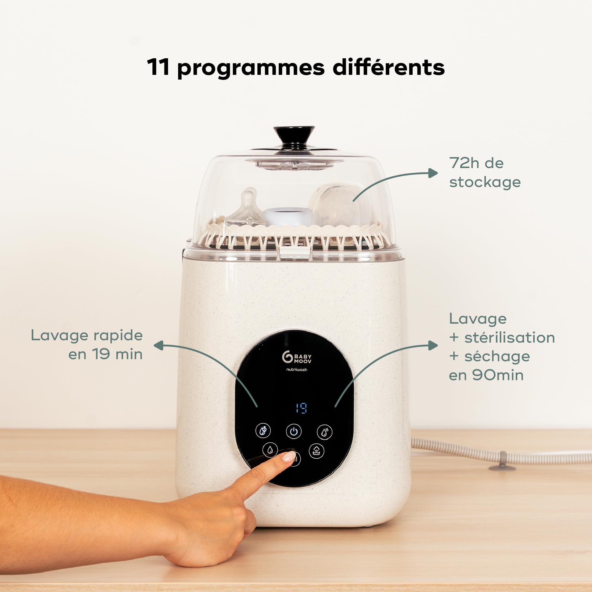 Babymoov Lave Biberon Electrique NutriWash - 4 en 1 : Lave, Stérilise, Sèche & Stocke - 11 Programmes Rapides dès 19 min - Universel Biberons & Accessoires Bébé - Écran Tactile - Garanti à Vie