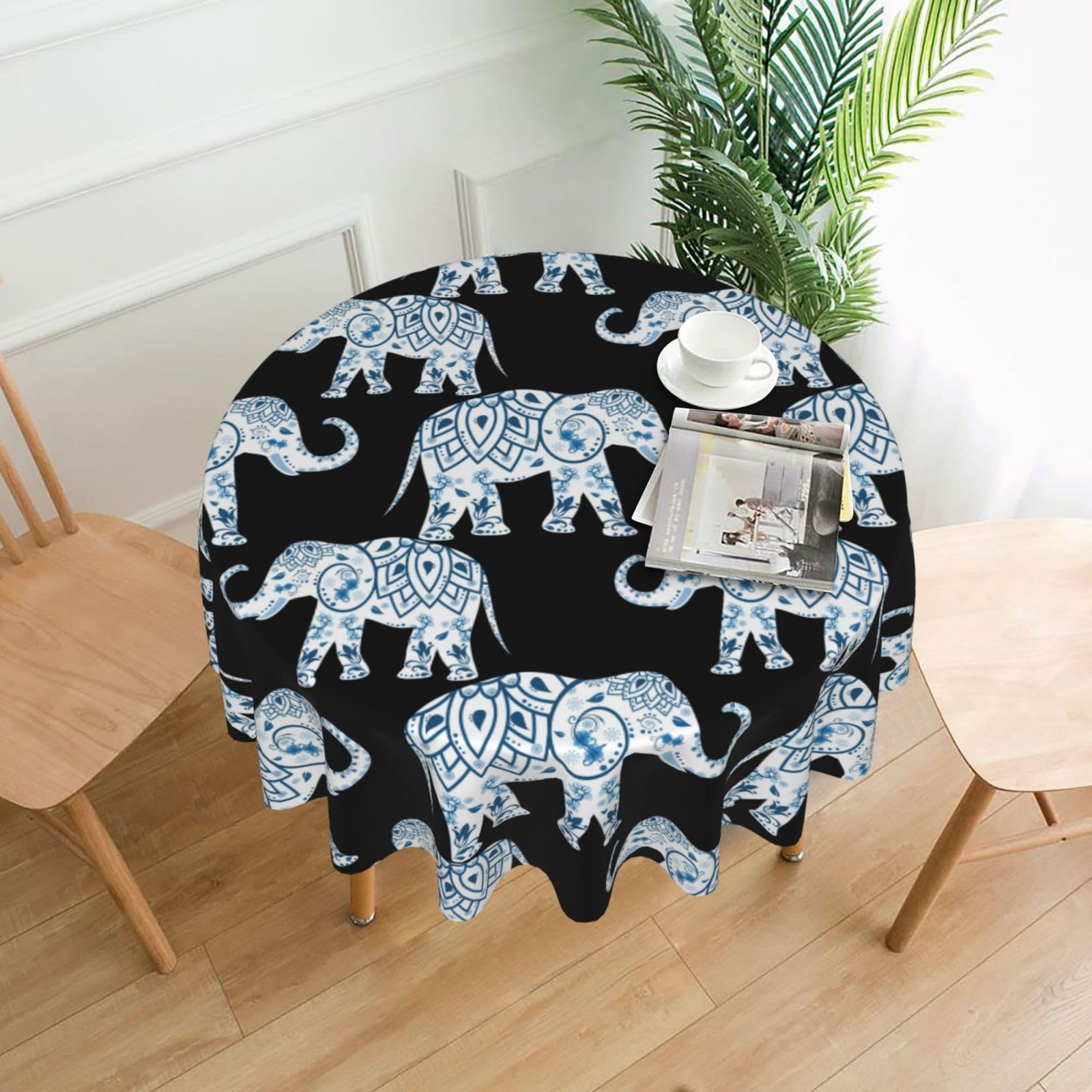 Nbtghga Elephant-Blue Black Print Tablecloth Round Border Table Cloth Cover Decorative For Party Holiday Dinning Tabletop Home