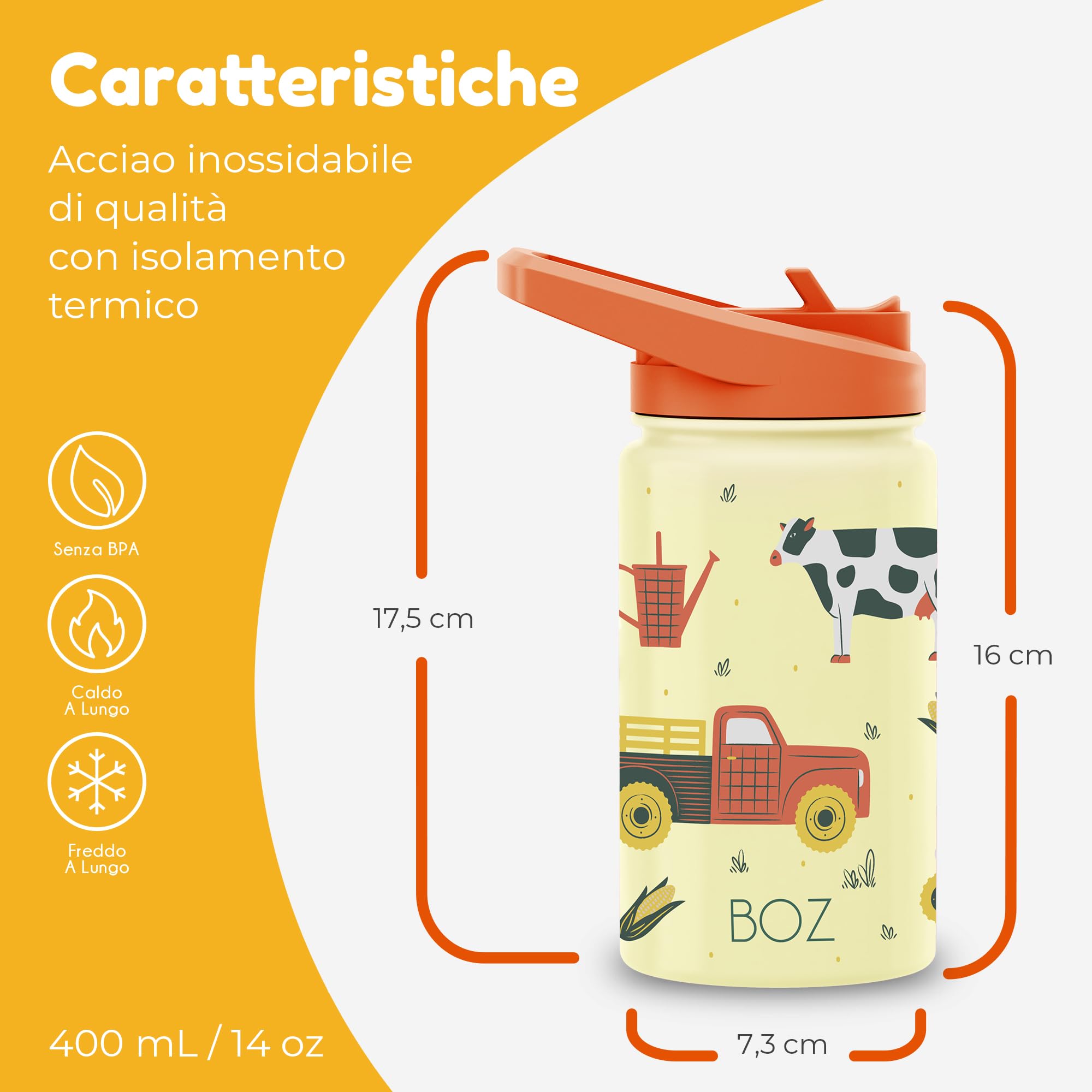 Borraccia Bambini con Cannuccia 400 ml BOZ, Termica, Lavabile in Lavastoviglie, BPA Free, Antigraffio