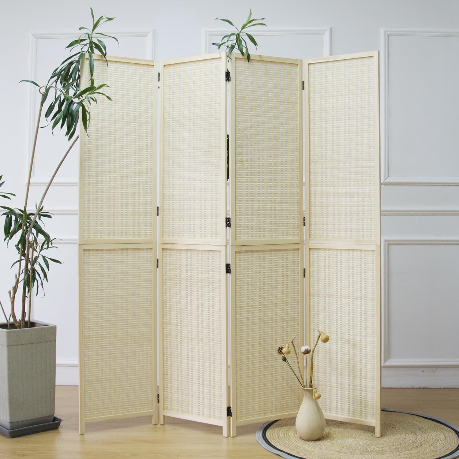 Furnnylane Cloison de séparation de pièce à 4 panneaux et paravent pliable, séparateur de pièce 2 en 1 en bambou amovible et pliable pour séparation de pièce, beige, 170,2 x 156 cm (H x l)