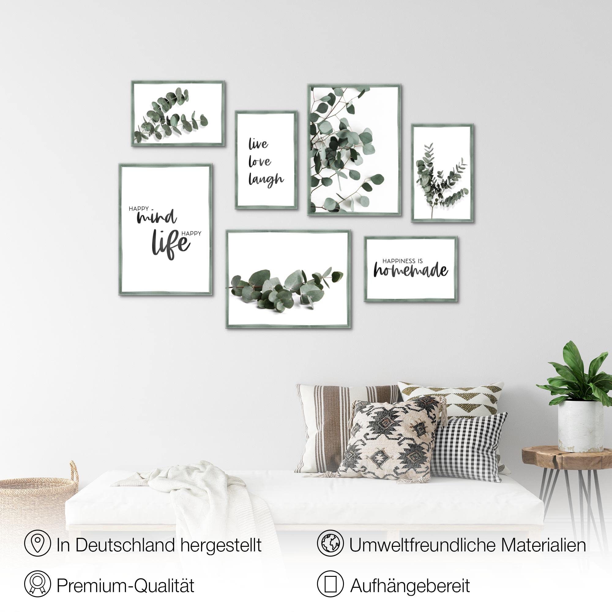 Novart Wandbilder Eukalyptus Pflanze - KOMPLETT AUFHÄNGFERTIG - Grüne Blätter Wohnzimmer Schlafzimmer - 7 Moderne Mood-Bilder - N003771b