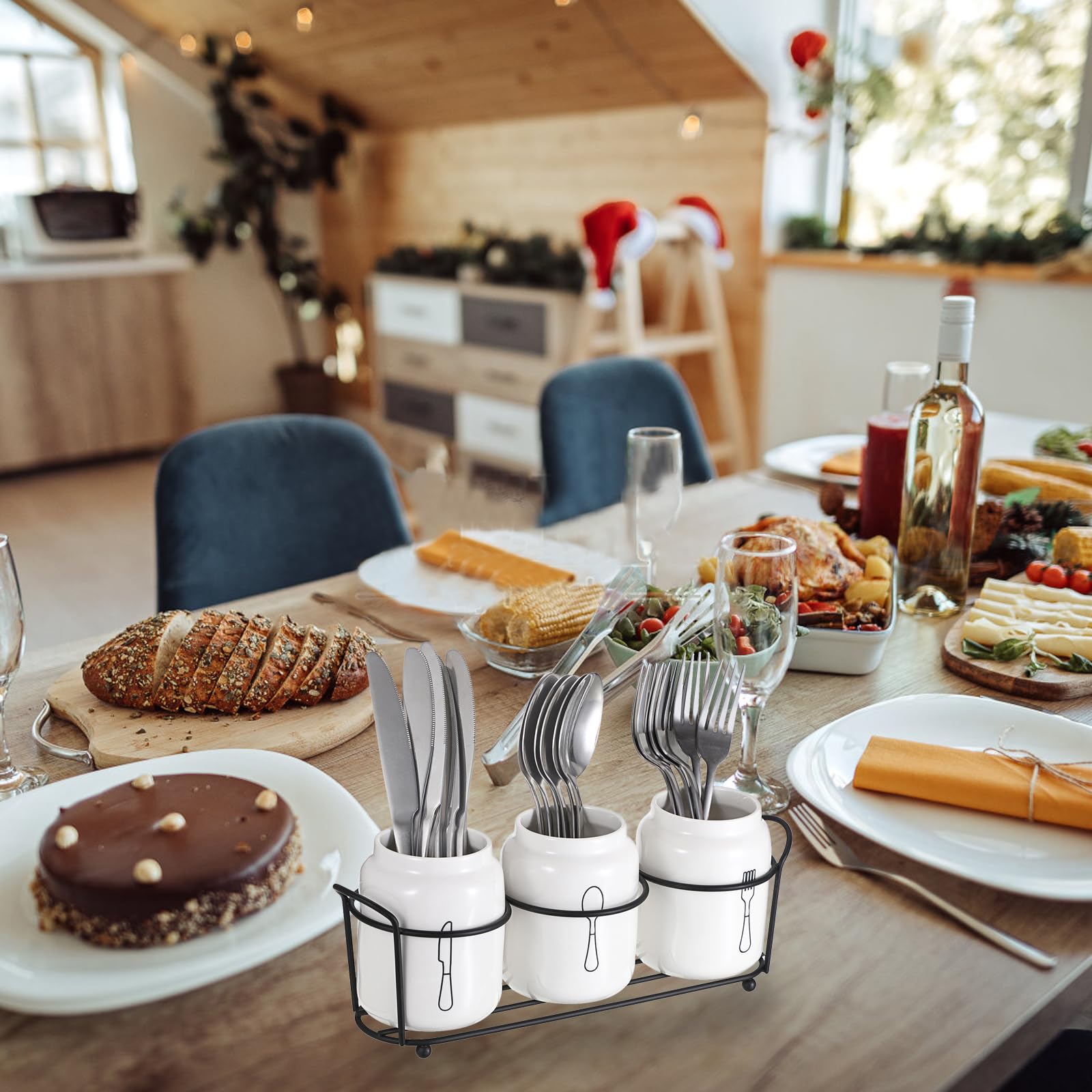 SUMNACON Portaposate in Ceramica, 3 Pezzi, Supporto per Cucchiai, Organizer da Cucina, Armadio da Cucina, Bianco
