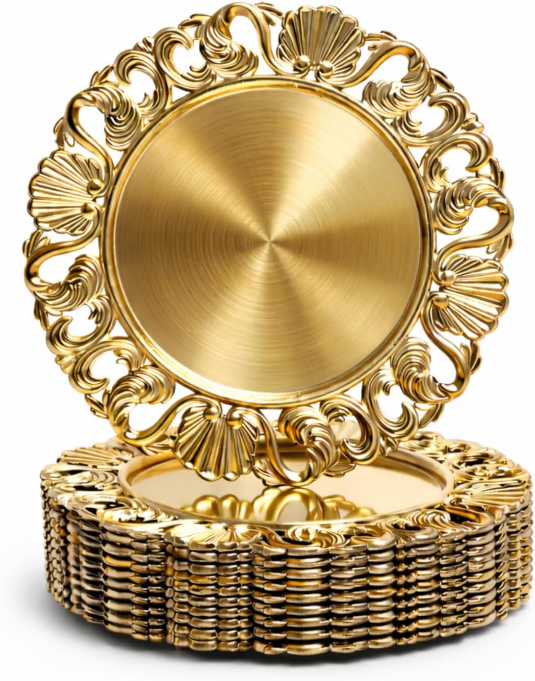 13in Charger Plates Set of 12- Antique Gold Chargers for Dinner Plates- Round Plastic Hollowed Plate Charger w/Embossed- Vintage Table Charger for Wedding, Party, Thanksgiving, Christmas