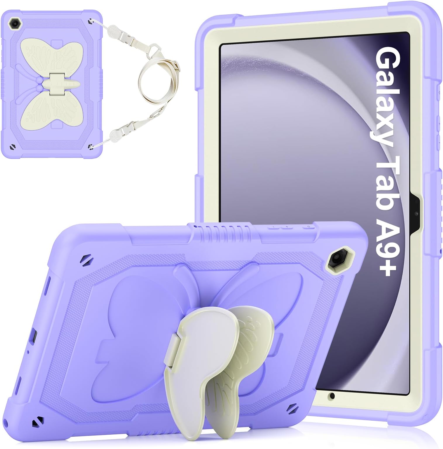 Cover for Samsung Galaxy Tab A9+ Plus 11 inch Case for Kids Girl, Galaxy Tab A9+ 2023 Released with Butterfly Stand Shoulder Strap Shockproof Full Body Protective, Purple