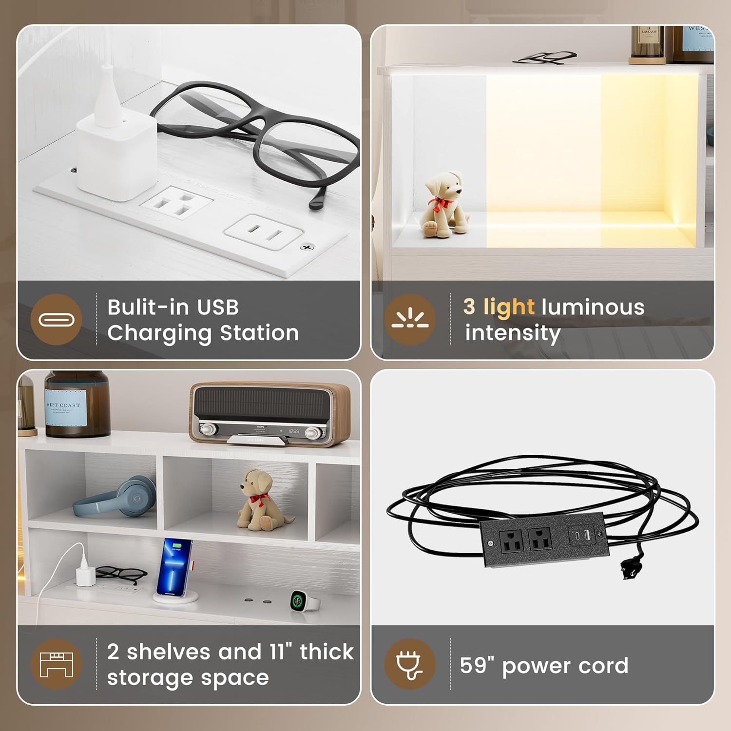 Apicizon King Size Headboard Only, King Bookcase Headboard with Charging Station for Bedroom, Storage Bookcase with USB & 2 Power Outlets, White