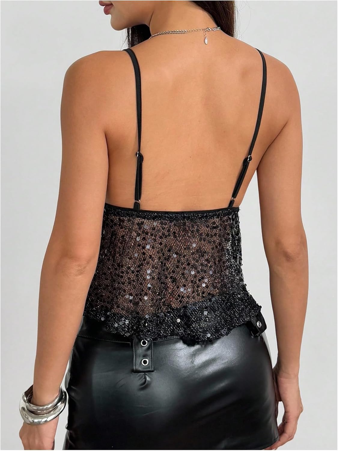 Verdusa Women's Y2K Sparkly Sequin Camisole Tops Sheer Mesh V Neck Sleeveless Date Night Outfits - Image 2