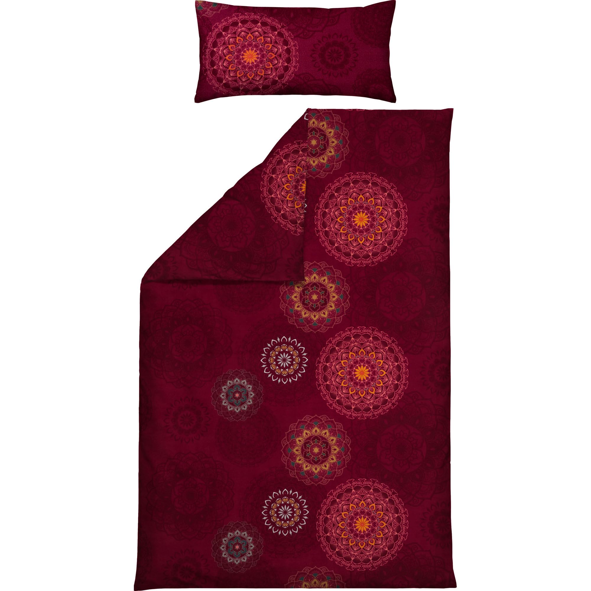 Erwin Müller Bettwäsche, Bettgarnitur Sparpaket 4-TLG. Flanell - Mandala - mollig warm, temperaturregulierend, mit praktischem Reißverschluss - Bordeaux Größe 40x80 cm / 135x200 cm