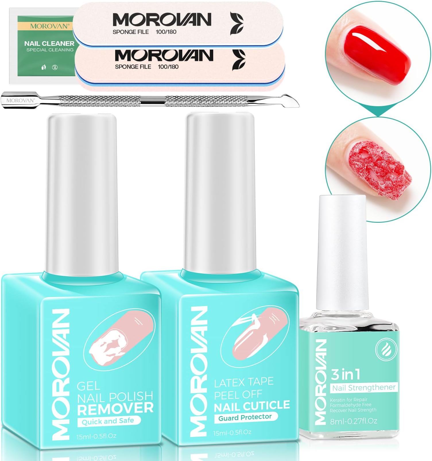 Morovan Gel Nail Polish Remover Kit: Gel Polish Remover with Liquid Latex Tape Nail Strengthener Nail Tools Quick Remove Gel Nail Polish in 3-5 Minutes No Need to Warp & Soak