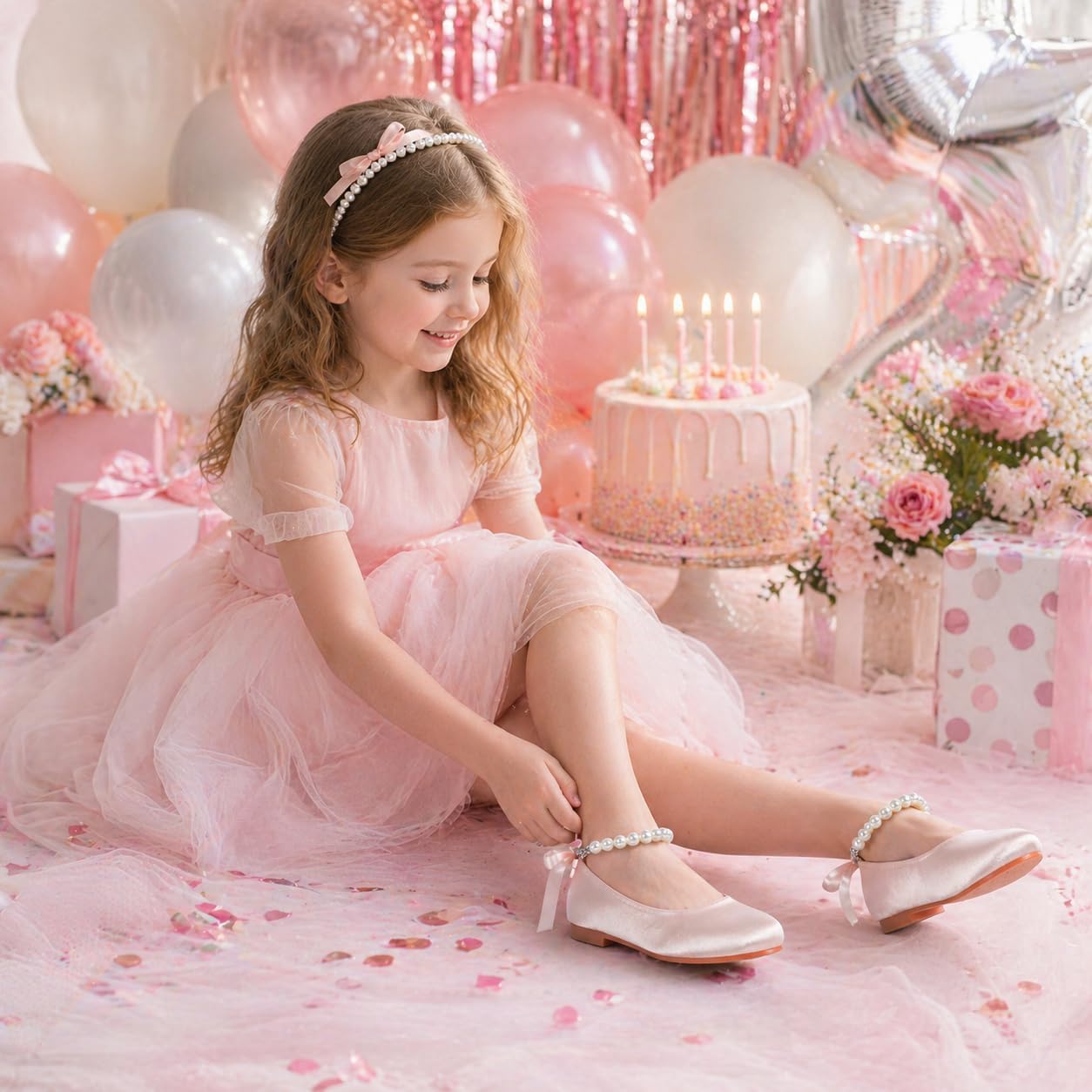 Toddler Girls Dress Shoes Flower Girl Satin Mary Jane Ballet Flats Pearls Strap Bowknot Wedding Communion Princess Shoes
