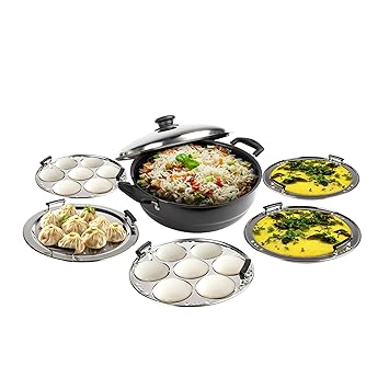 AGARO Elite Hard Anodised Multi Kadhai with Stainless Steel Lid, 5L, Gas Compatible, 3mm Thick Body, Riveted Handle