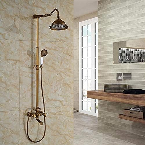 Miniatura 2 de Juego de grifo de ducha retro de latón antiguo de 8 pulgadas, cabezal de ducha de lluvia con rociador de ducha de mano de cerámica con asas dobles,