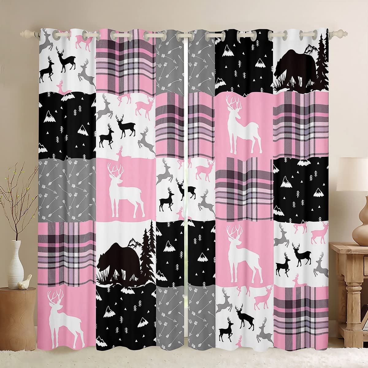 Loussiesd Deer Darkening Drapes Boho Bear Elk Curtain for Bedroom Living Room Women Men Buffalo Check Plaid Window Curtains Pink Black Bohemian Arrow Gingham Window Treatments W46*L54