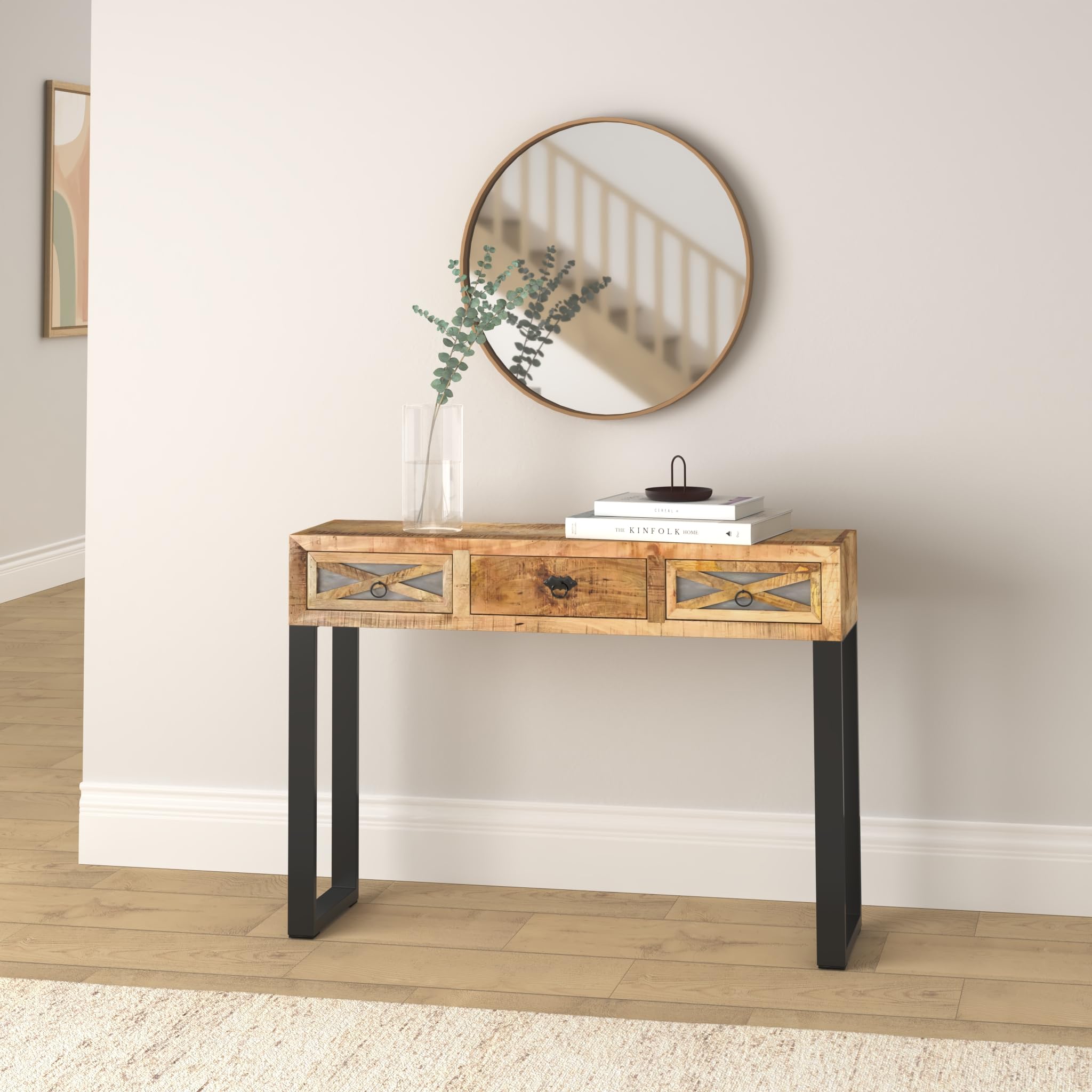 vidaXL Mango Mesa Entrada Consola Recibidor Madera Acero Galvanizado Mesita Auxiliar 3 Cajones Pasillo Vestíbulo Comedor Teléfono Llaves Mueble Bufé