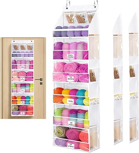 Large Capacity Hanging Yarn Storage Organizer with 6 Zipper Compartments with Labels and 8 Side Pockets, Crochet Yarn Organizer and Yarn Haven Storage Bag for Over The Door