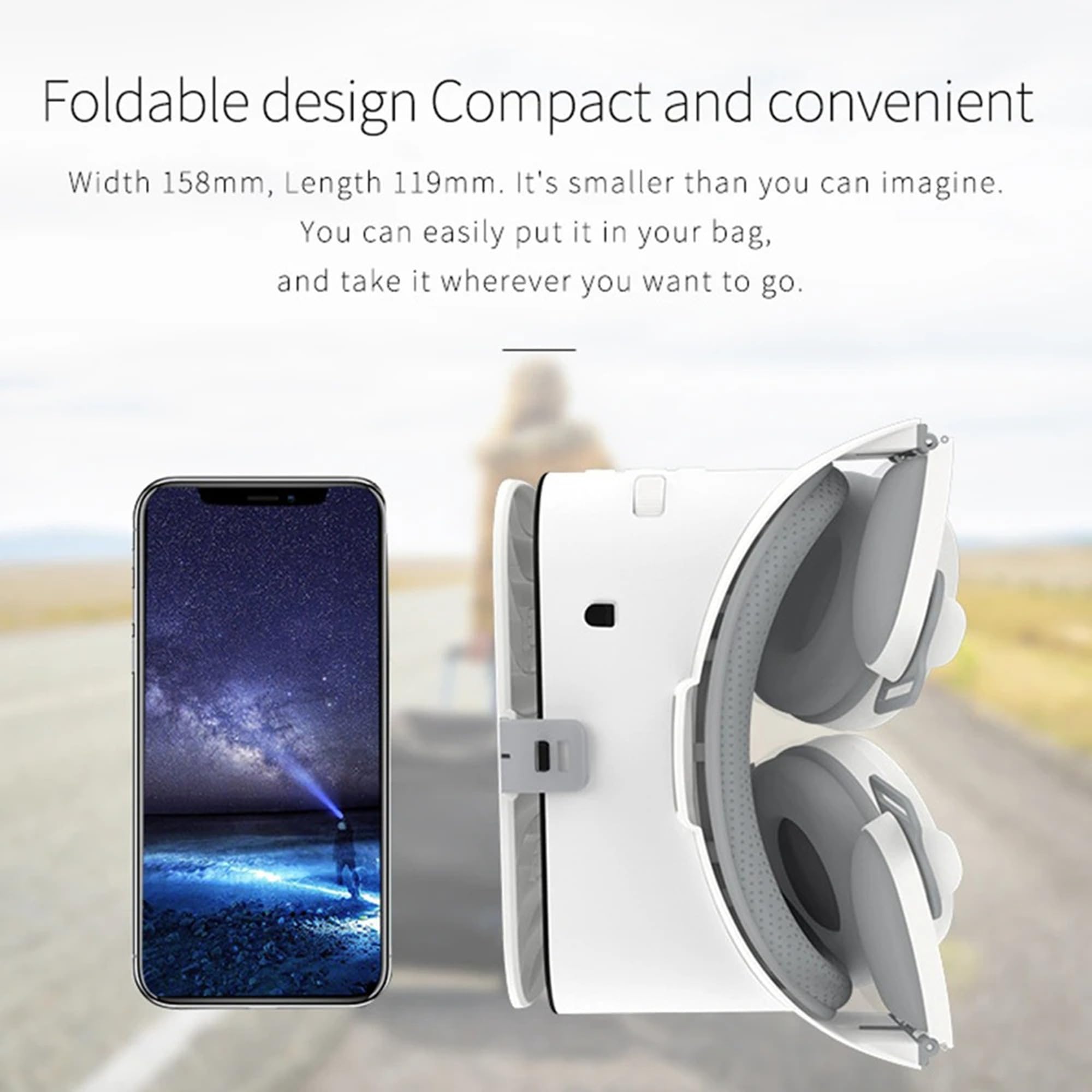 Auriculares VR con auriculares Bluetooth, gafas de realidad virtual plegables para teléfonos móviles, compatibles con iPhone y Samsung Galaxy