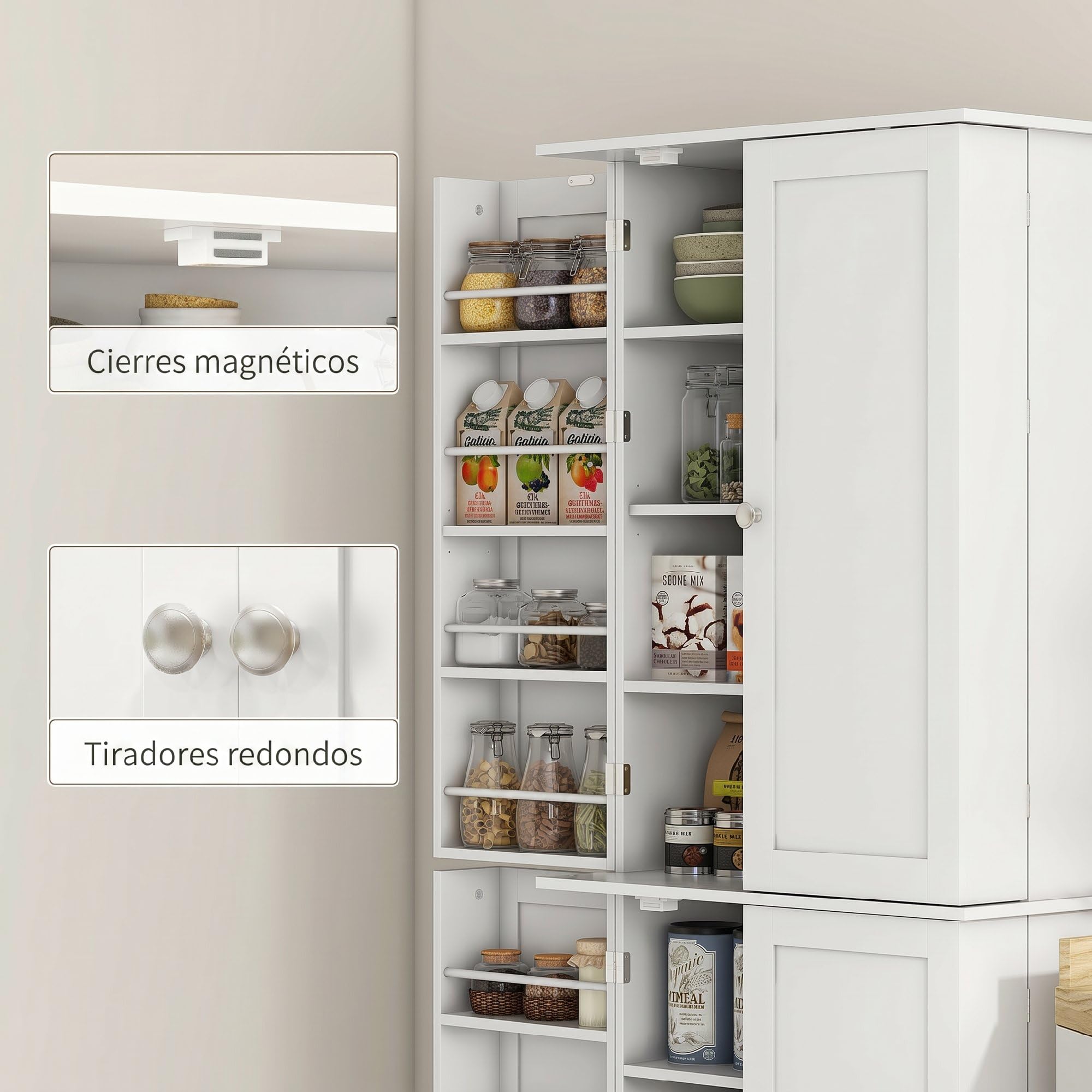 HOMCOM Alacena de Cocina Alta, Armario Despensa Cocina Moderno con 4 Puertas con Estantes, Estantes Ajustables, Alacena para Sala de Estar, Comedor, Blanco