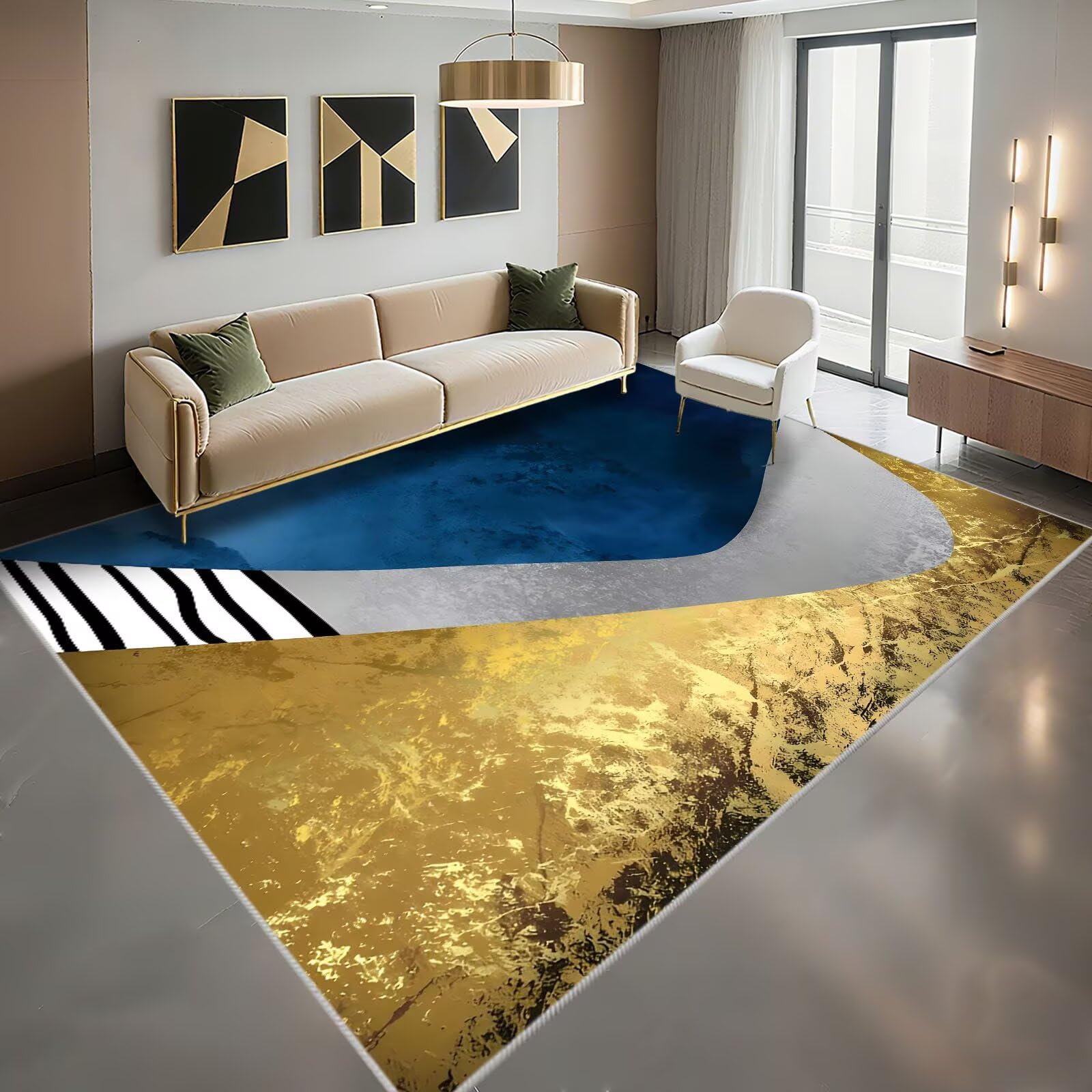 Tapis de salon bleu doré 120x160cm minimaliste pour bureau calme